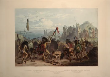 Mandan-indianernes bisondans foran medisinhytten deres